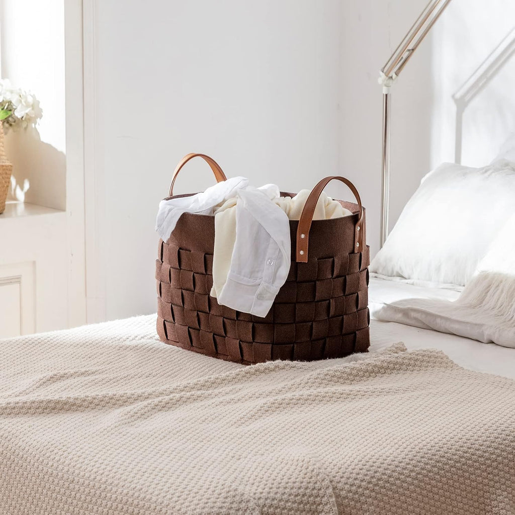 boldmonkey Laundry Basket 15 " x13 x11 2 Pack, Large Rectangular Felt Fabric Blanket Basket with Leather Handle, Dirt Clothes Laundry Hamper for Babies, Dogs and Living Room-Brown
