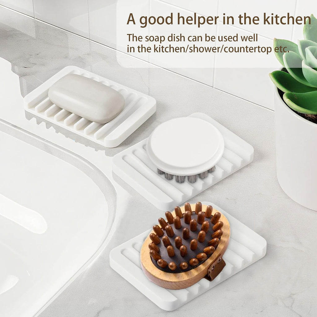 Aoheuo Modern Minimalist Style Soap Dish, Flexible Silicone Drain Soap Holder (White), 4.5" Long 3.2" Wide 0.4" High, Suitable for Kitchen, Bathroom and Bar Sinks