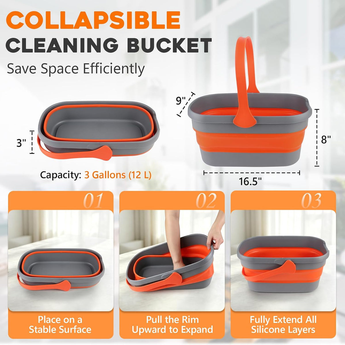 2-in-1 Window Cleaning Kit with 3 Gallon Collapsible Bucket for Home, Car