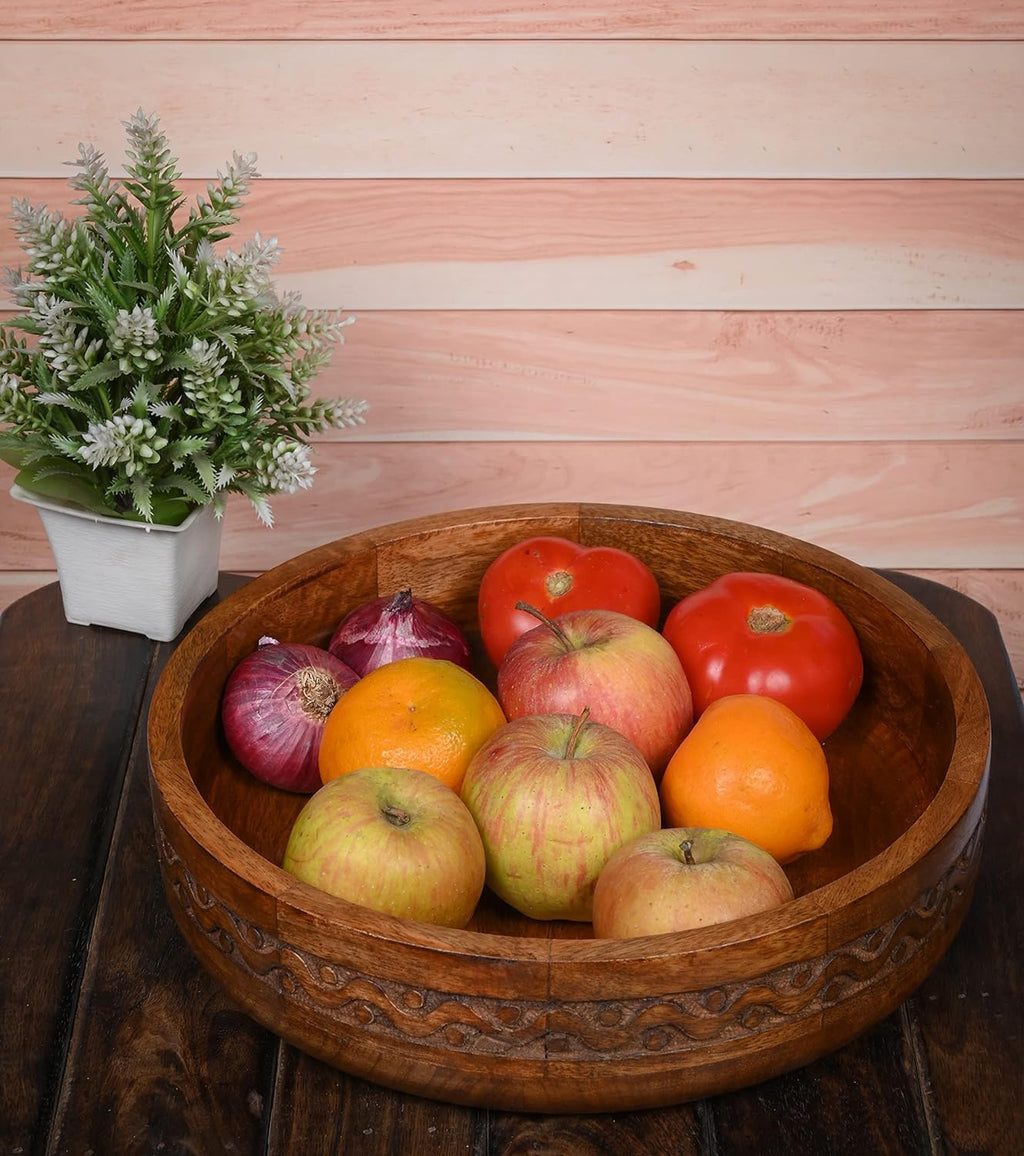 Kimona Fruit Bowl Wooden Bowls for Food, Fruits, Salad, or Popcorn for Dining Table Center, Living Room, Kitchen Décor (10" X 10" X 2.5")