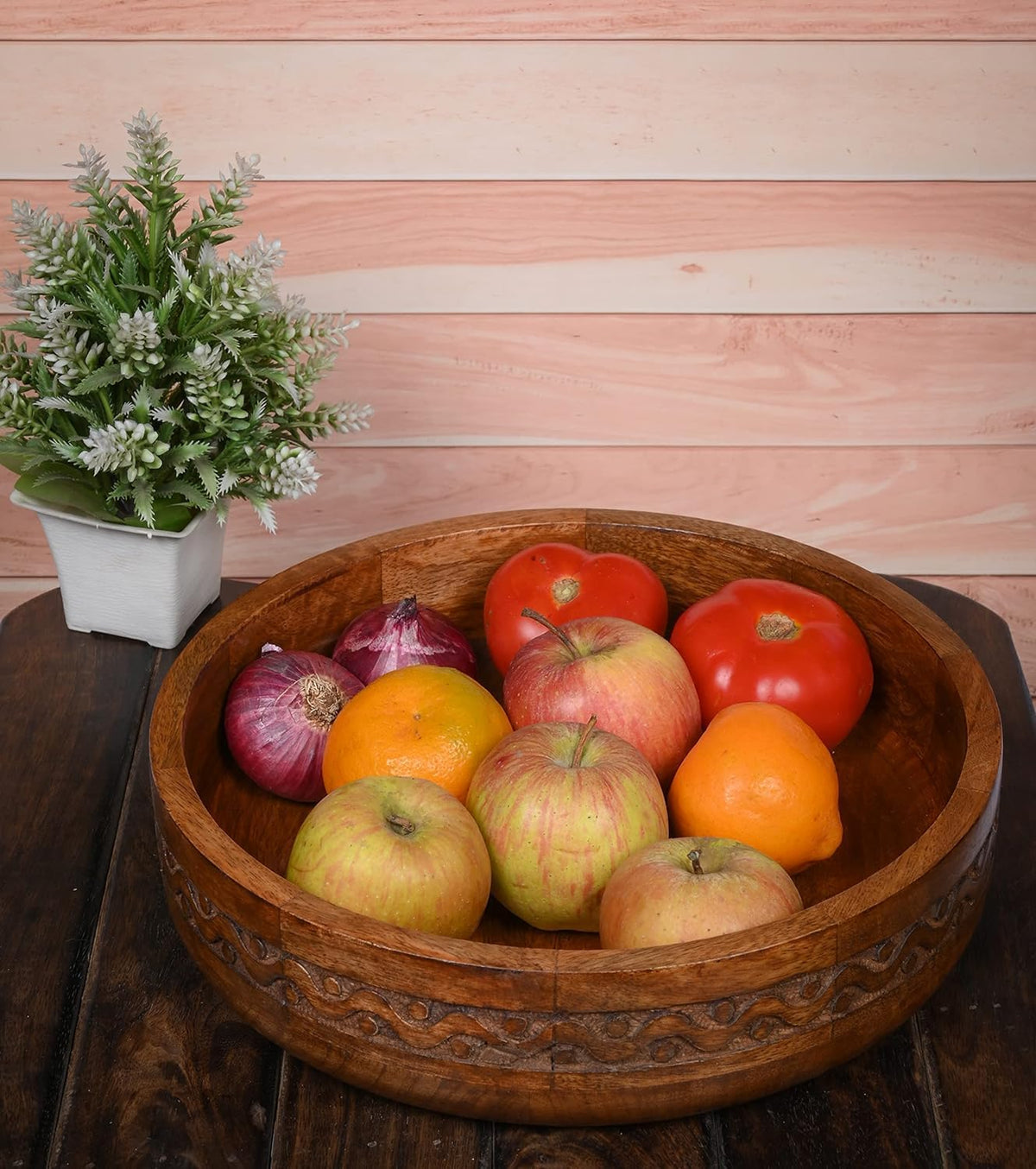 Kimona Fruit Bowl Wooden Bowls for Food, Fruits, Salad, or Popcorn for Dining Table Center, Living Room, Kitchen Décor (10" X 10" X 2.5")