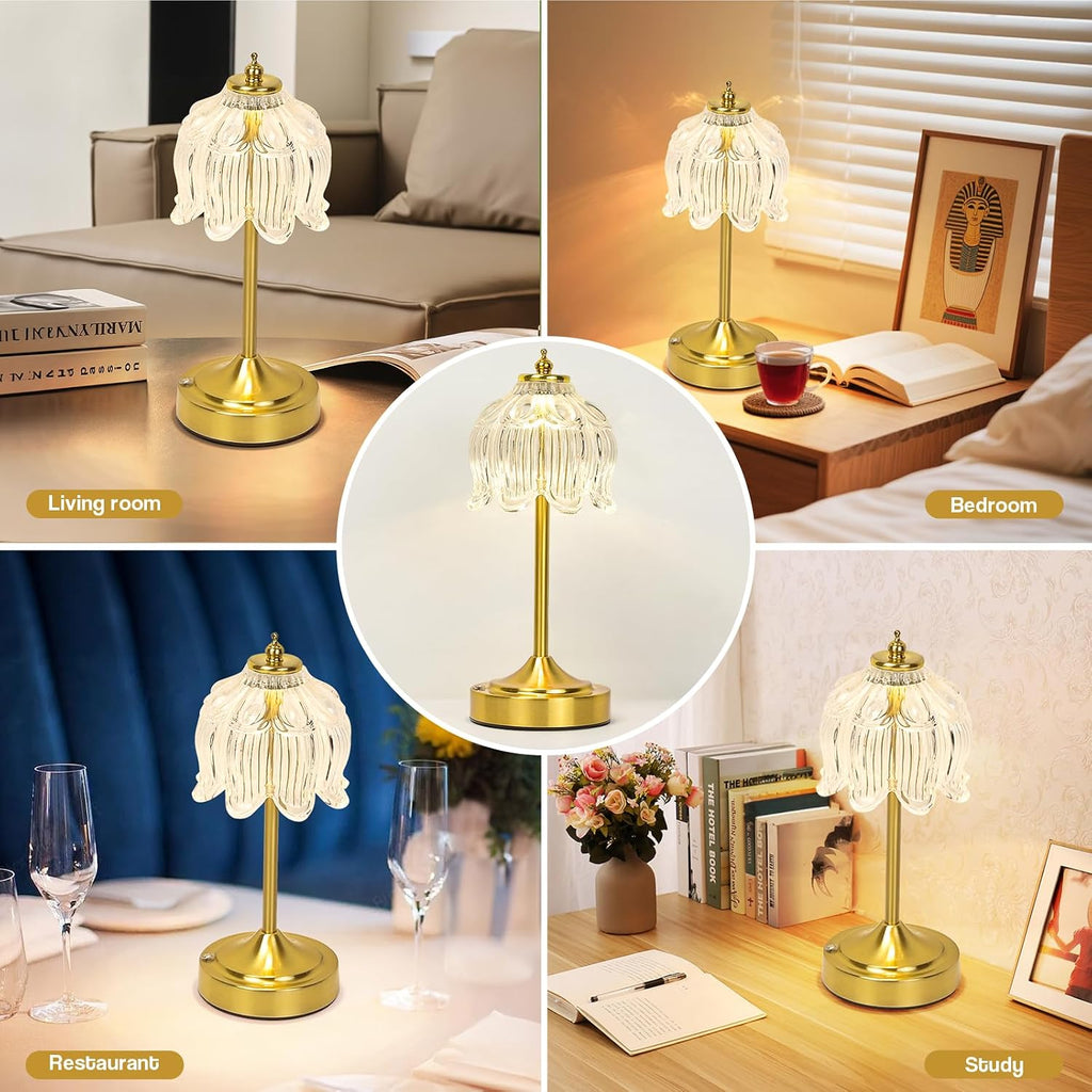 Cordless Table Lamp, Rechargeable Clear Glass Lotus Flower Lamp