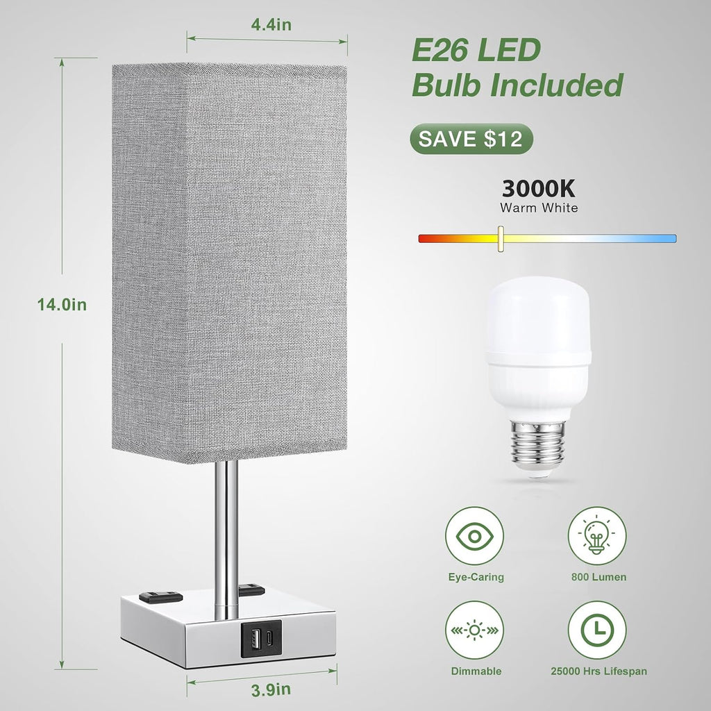 Light Grey Touch Lamps Set for Bedroom - Dimmable, USB C+A, 2 AC Outlets