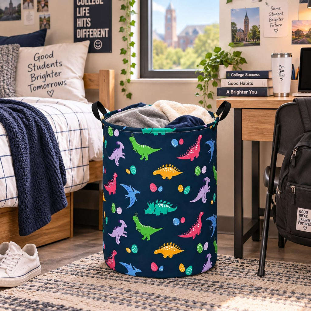 Dinosaur Laundry Basket, Round Foldable Clothes Hamper with Handles, Cotton Linen Blend Storage Bin with Dino Egg Print for Bedroom, Nursery, Playroom, College Dorm