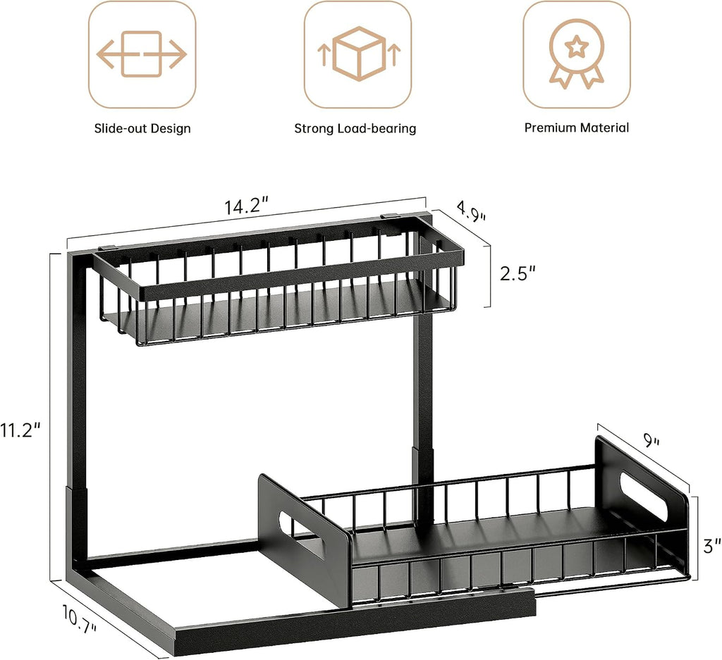 Under Sink Organizer and Storage, Slide Out Cabinet Organizer, Pull Out Sink Shelf for Kitchen Bathroom Laundry, Black, 1 Pack