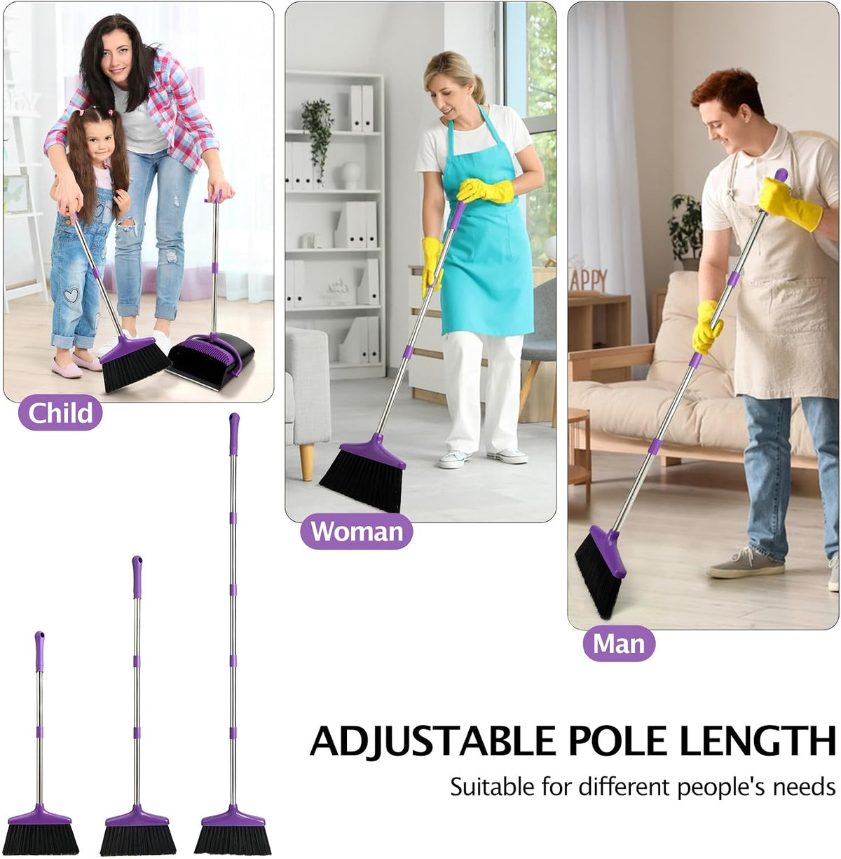 Broom and Dustpan Set with Long Handle, Light Weight Stainless Steel Poles Stand Upright Dustpans with Broom Combo for Home Kitchen Office Pet Dog Hair, 1-Pack (Purple)
