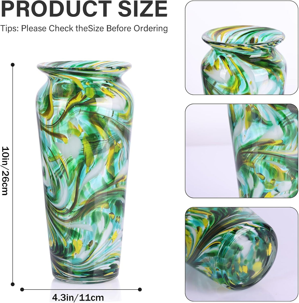 Green Hand Blown Glass Vase – Tall Speckled Decorative Centerpiece in Murano Style for Dining Table, Coffee Table, Mantel, Entryway, or Bookshelf in Coastal or Modern Decor (Green)