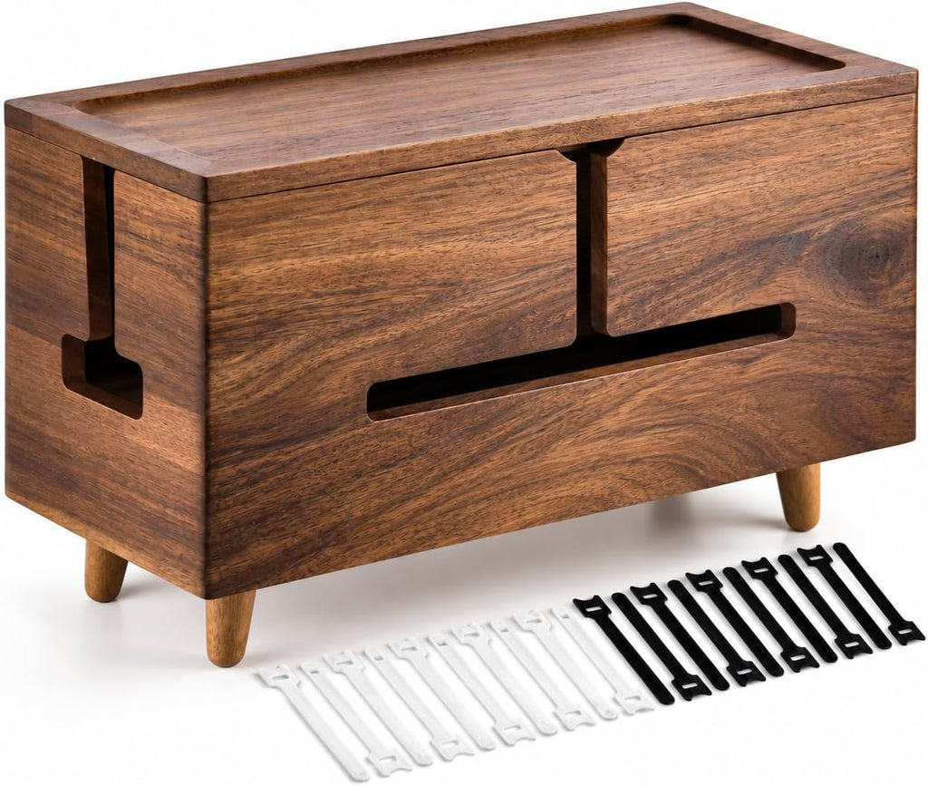 Brown Wood Large Cable Management Box for Power Strip and Cord Hideaway