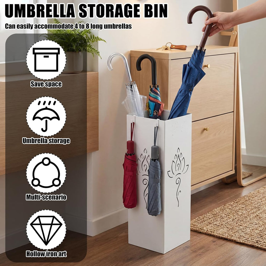 Square Metal Umbrella Holder, Square Free Standing Umbrella Rack Decorative Umbrella Holder Hollow Cutout Pattern Design for Umbrella Cane Entryway Home Office 19.49" X 6.1" X 6.1" (White hollowed out