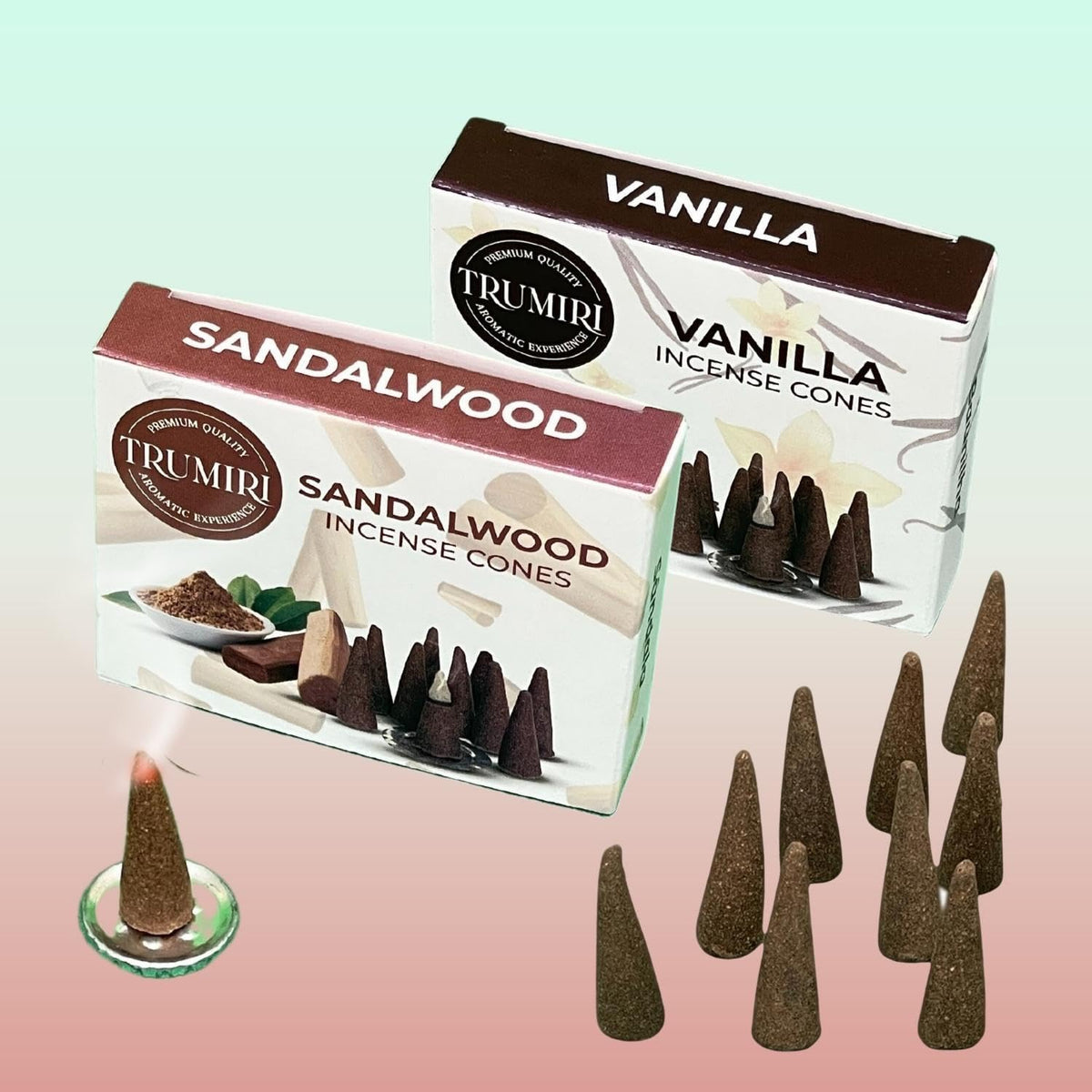 TRUMIRI Incense Cones - Combo Pack of 20 Cone Incense - 10 Vanilla + 10 Sandalwood - Insence Cones - Incense Cones Scented - Cone Incense Scents - Insense Cones - Incent Cone