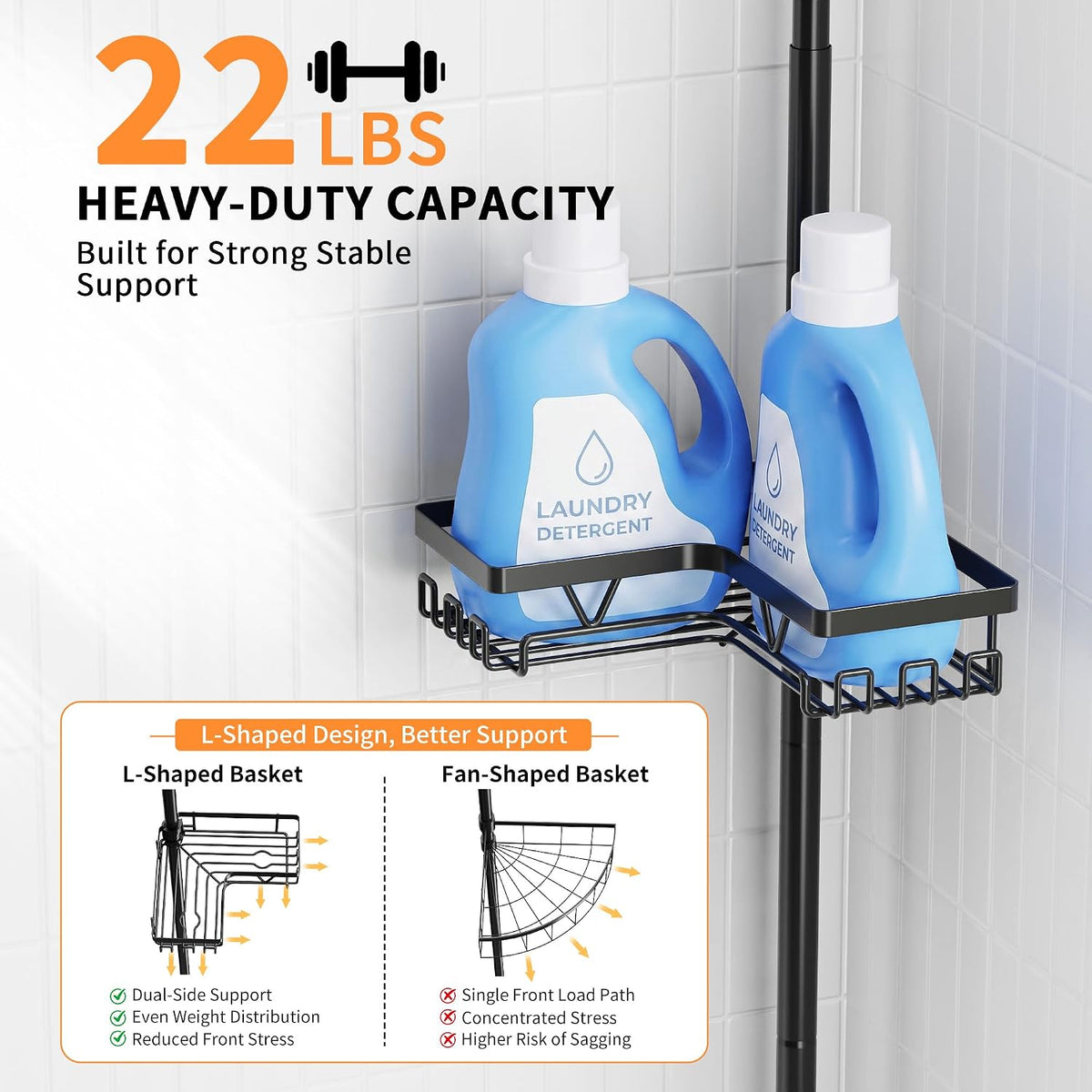 KEGII Corner Shower Caddy Tension Pole, 2-Steps Install Bathroom Organizer