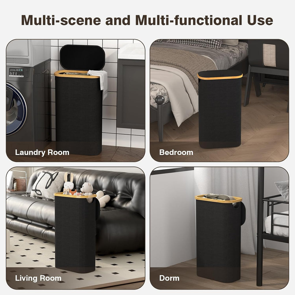 Bathola Slim Laundry Hamper with Lid, 75L Small Laundry Basket, Black