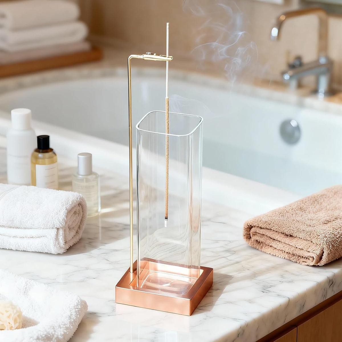 Incense Holder, Metal Incense Holder for Sticks with Removable Glass Ash Catcher, Anti-Ash Incense Burner,Luxury Home Décor for Meditation Relaxation (Rose Gold)