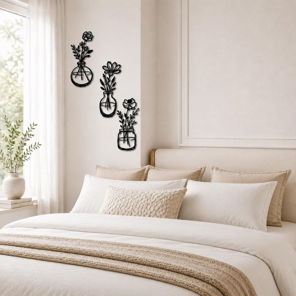 qzmaikoo 3 Pieces Black Metal Flower Wall Decor, Floral Vase Wall Art, Farmhouse Metal Wall Hanging for Bathroom Kitchen Bedroom Hallway