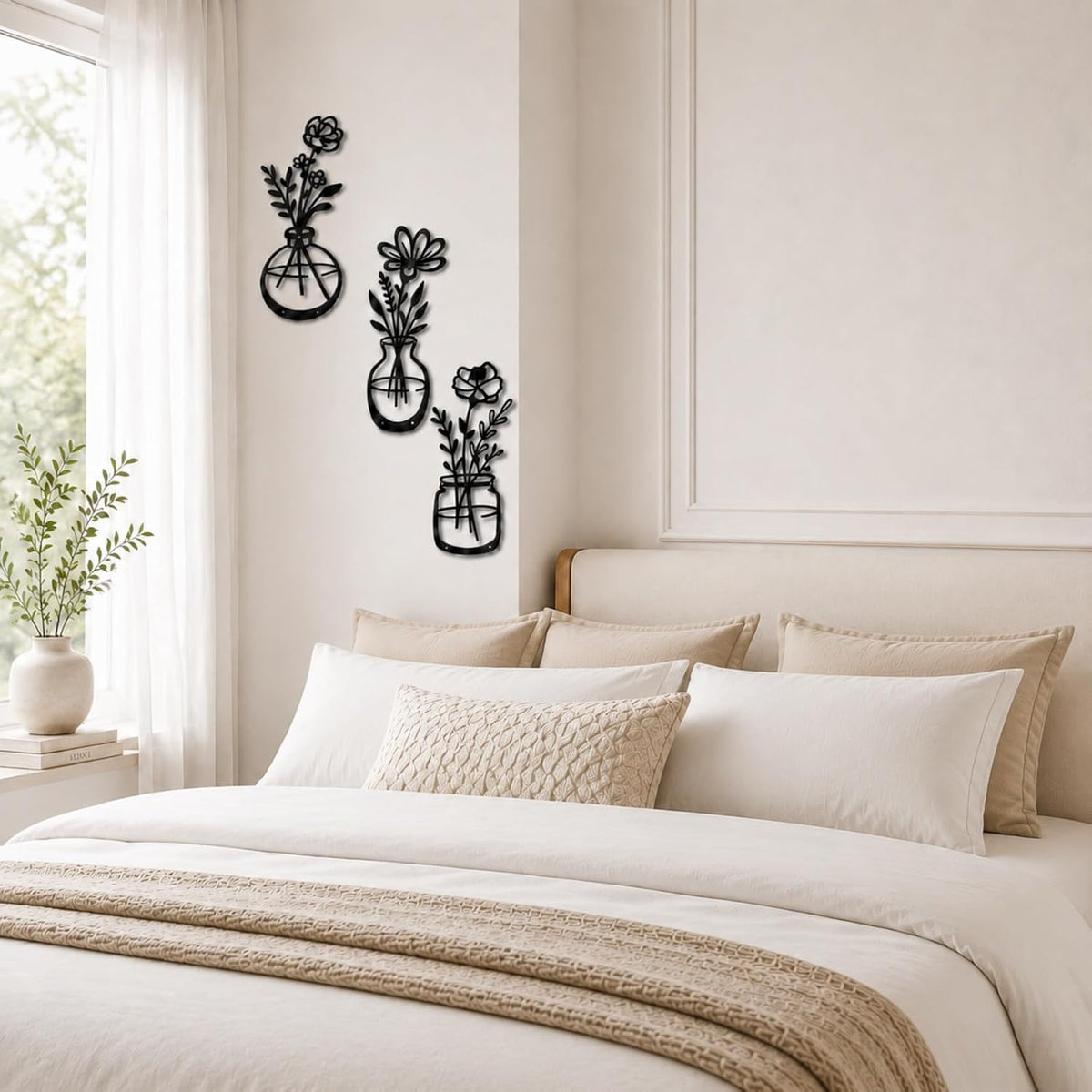qzmaikoo 3 Pieces Black Metal Flower Wall Decor, Floral Vase Wall Art, Farmhouse Metal Wall Hanging for Bathroom Kitchen Bedroom Hallway