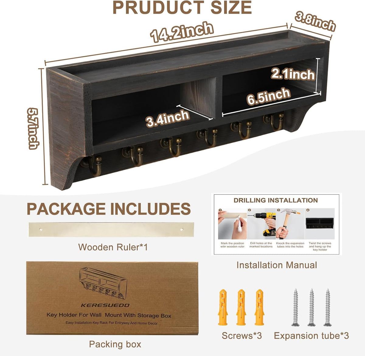 Key Holder Wall Mount with Mail Organizer, 6 Hooks & Shelf, Black