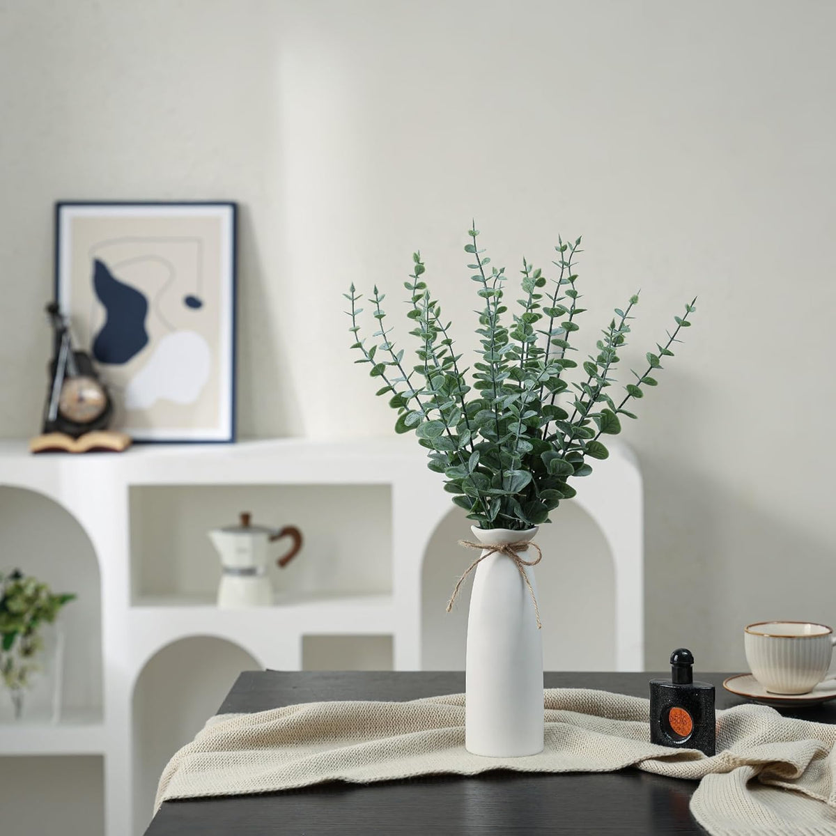 Vase with Greenery, 20pcs Artificial EucalyptusStems in White Vase, Boho Home Decor Plant, 19" Decorative Fake Plants for Home Farmhouse Mantle Centerpiece Decor