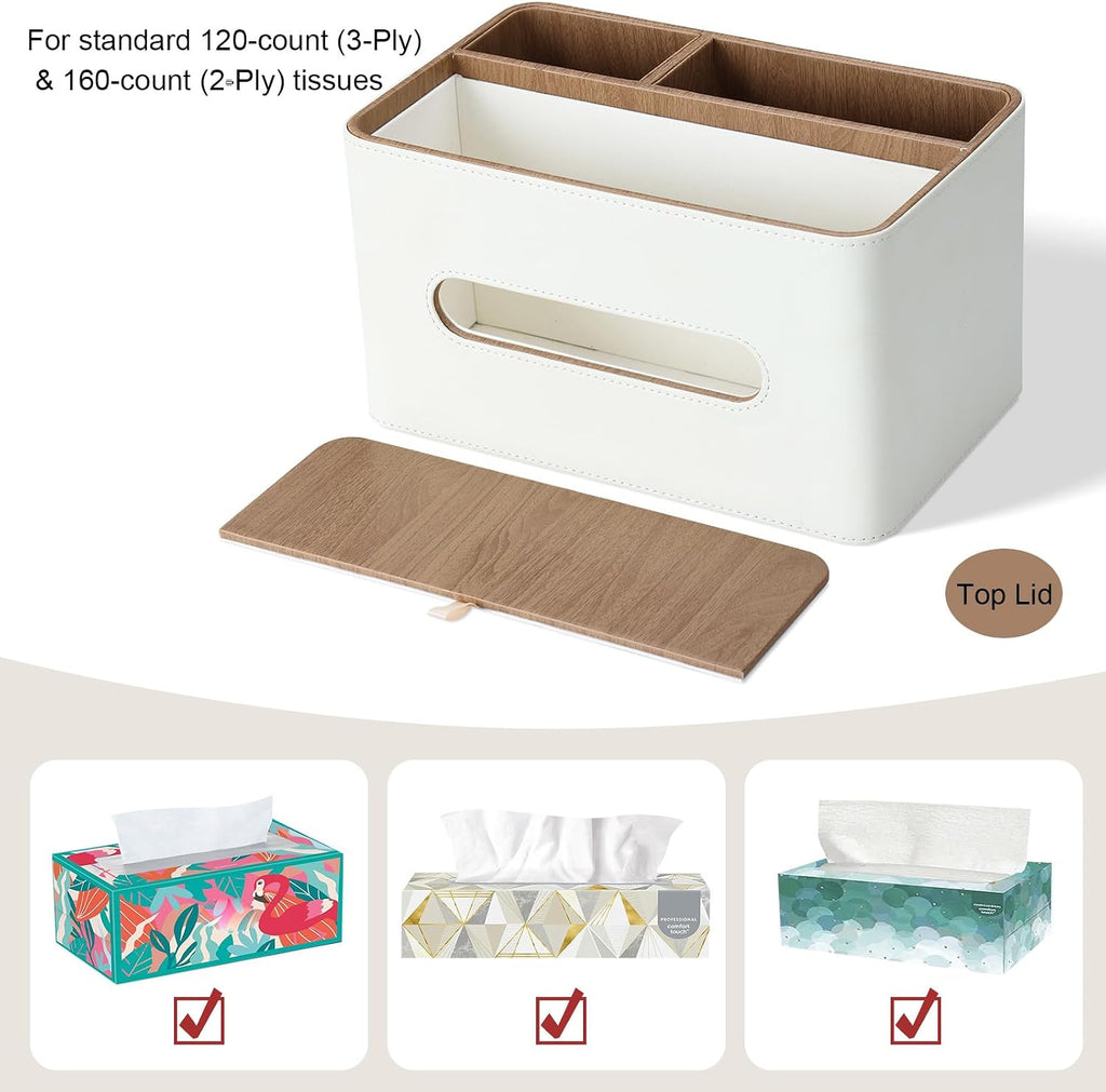 PU Leather Tissue Box Cover Rectangular with Storage Organizer, Multifunctional Remote Control Holder, Desk Organizer for Living Room, Bedroom, Office, Decorative Tissue Holder with Compartments Beige