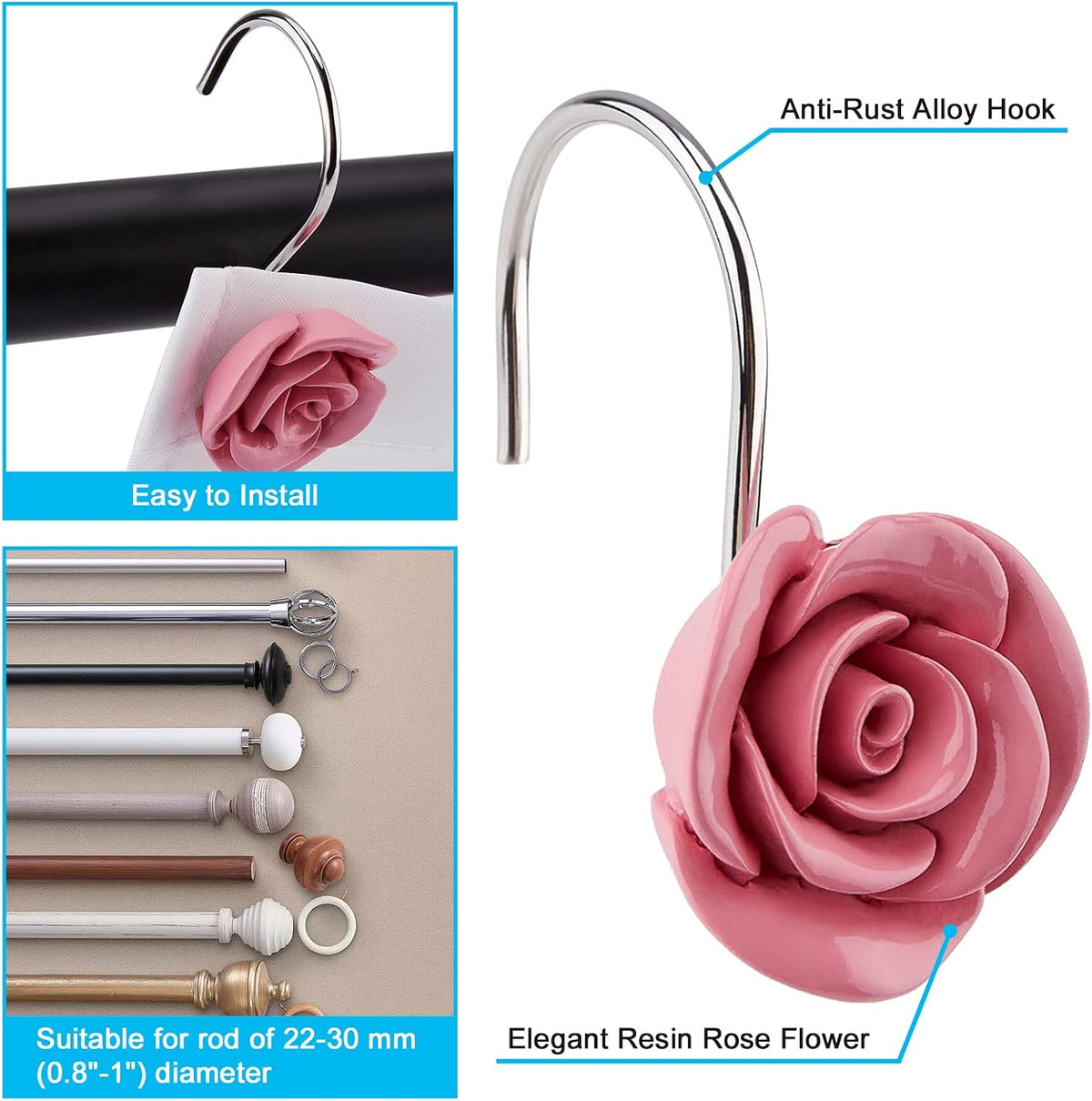 AGPTEK Rose Shower Curtain Hooks, 12PCS, Pink Rose