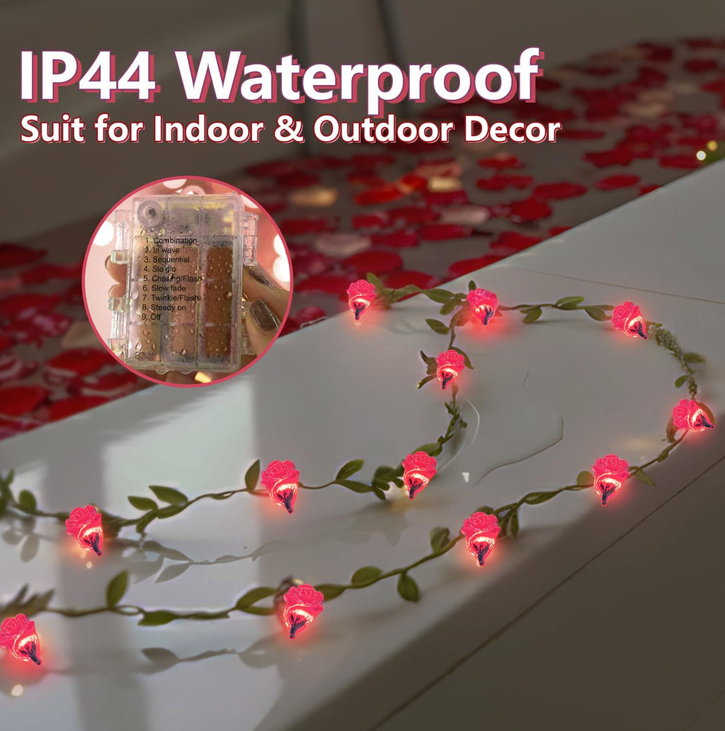 suddus 12.5FT Pink Rose Flower String Lights Battery Powered with Remote
