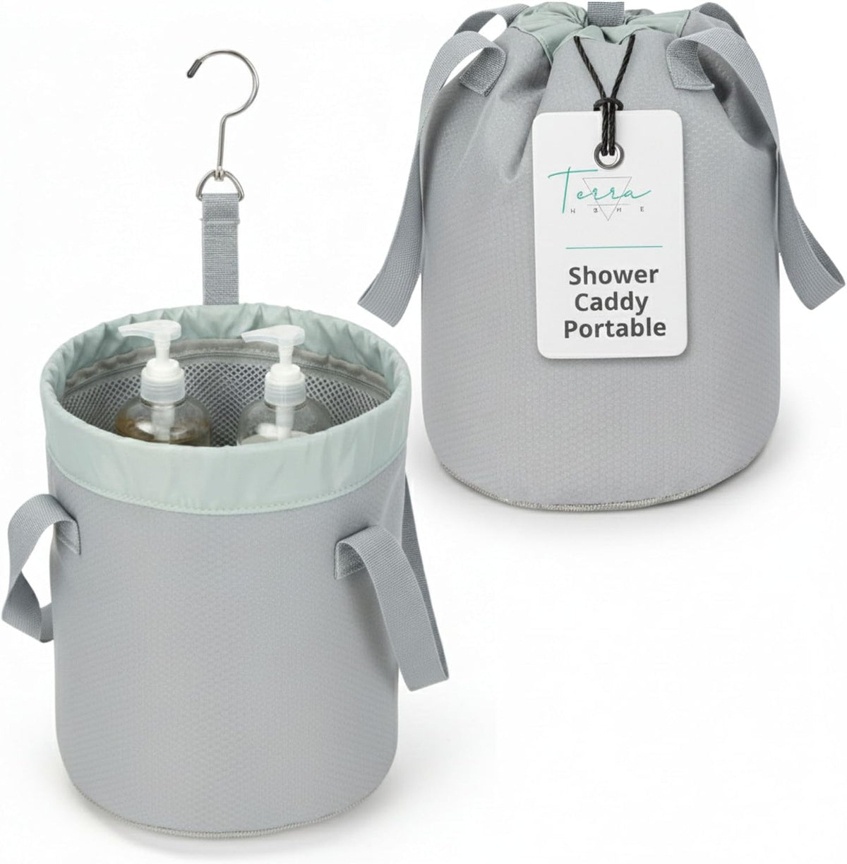 Portable Shower Bag with Drawstring Closure and Breathable Mesh Bottom – Travel Shower Caddy, Foldable Durable Design with Mesh Bottom for Cruise Ship Essentials, College Dorm Shower Caddy (Sage Grey)