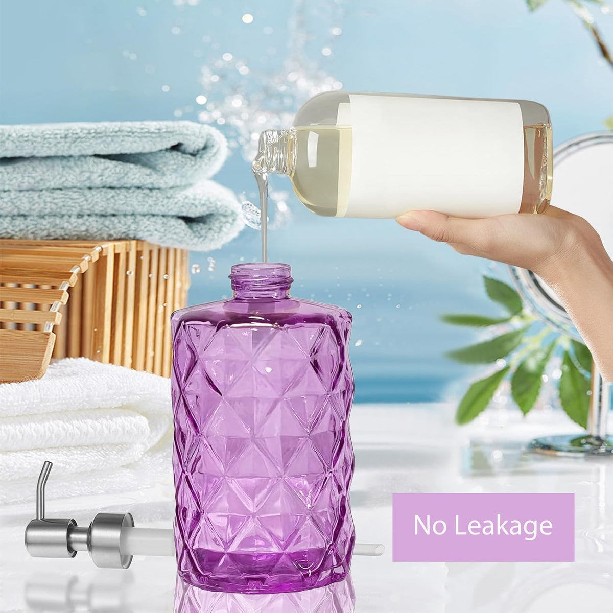 12Oz Purple Glass Soap Dispenser, Liquid Hand Bottle, Stainless Steel Pump