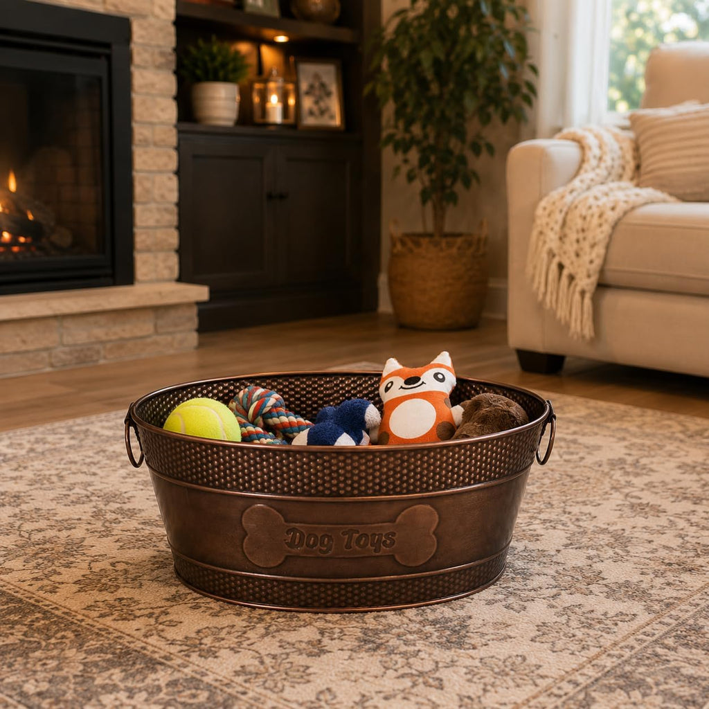 BREKX Copper Metal Pet Storage & Dog Toy Bin w/ Handles, Indestructible