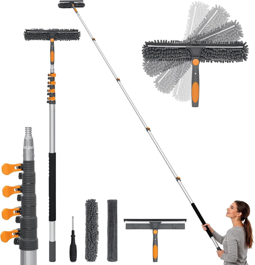 20FT Reach Window Squeegee with 5-12 FT Extension Poles, 2-in-1 Window Cleaner Tool Extra-Large 14" Window Squeegee Window Cleaning Kit with Telescopic Pole with Rotatable Head, for High Window Glass