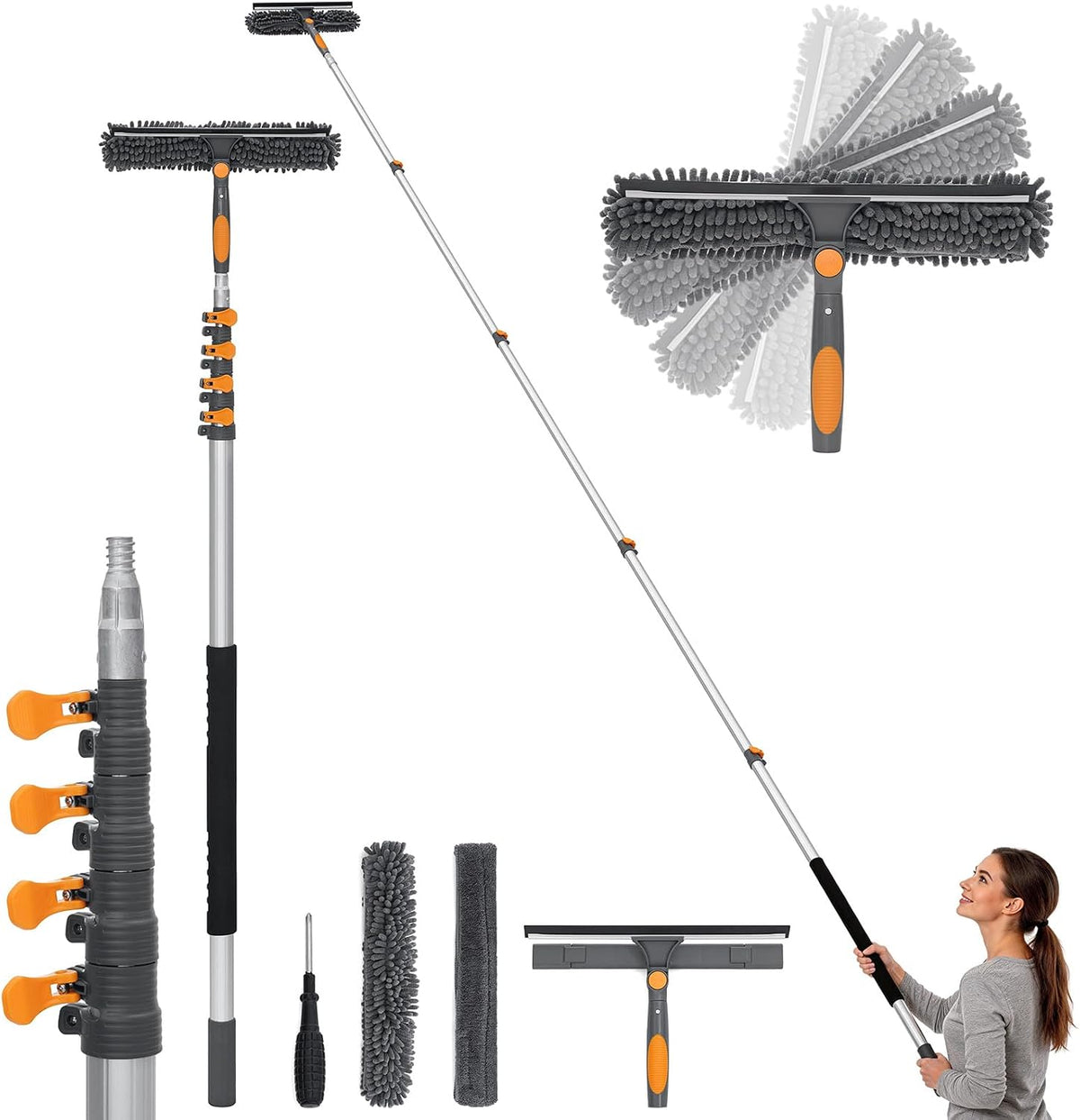 20FT Reach Window Squeegee with 5-12 FT Extension Poles, 2-in-1 Window Cleaner Tool Extra-Large 14" Window Squeegee Window Cleaning Kit with Telescopic Pole with Rotatable Head, for High Window Glass