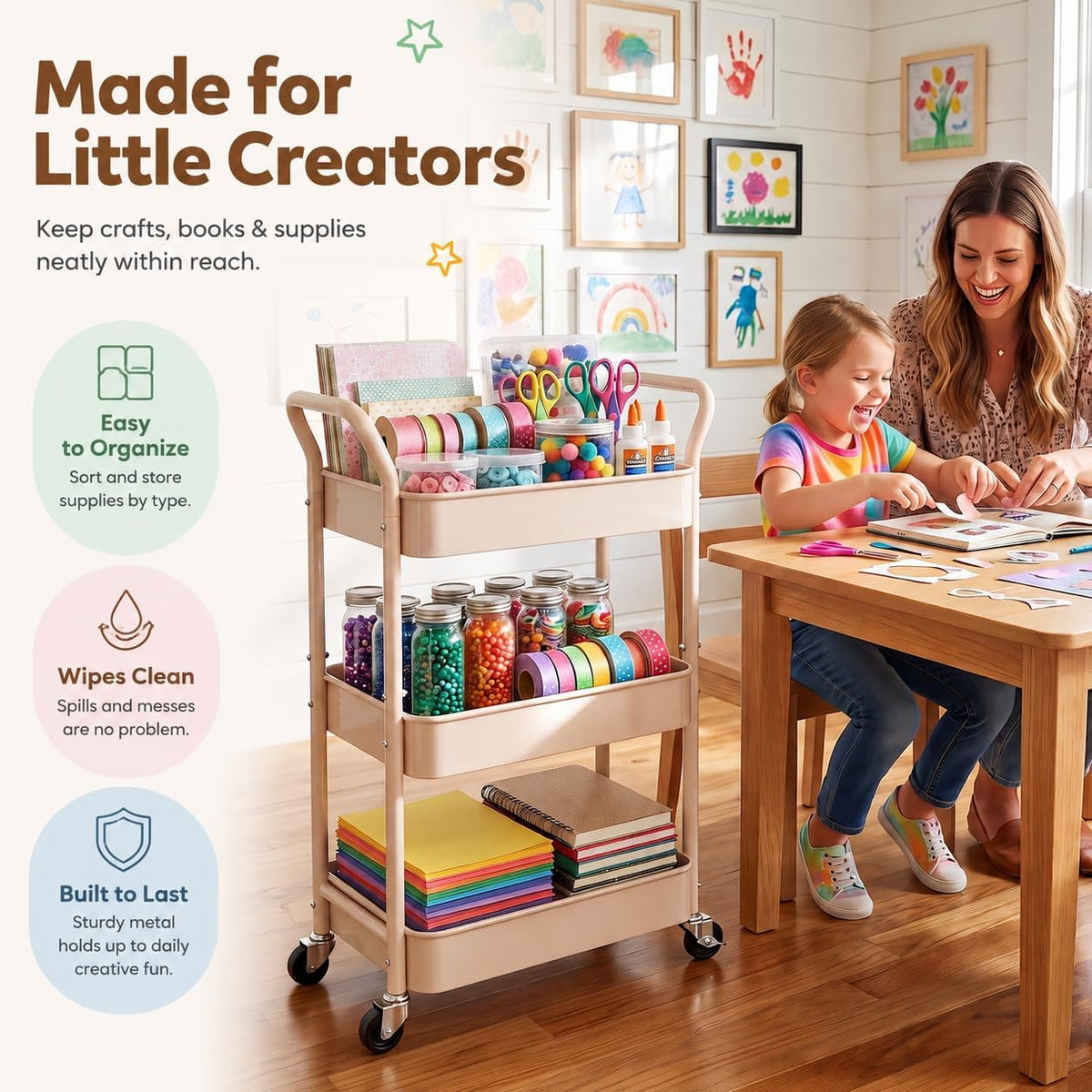 Beige 3 Tier Rolling Diaper Caddy Cart with Wheels and Detachable Dividers