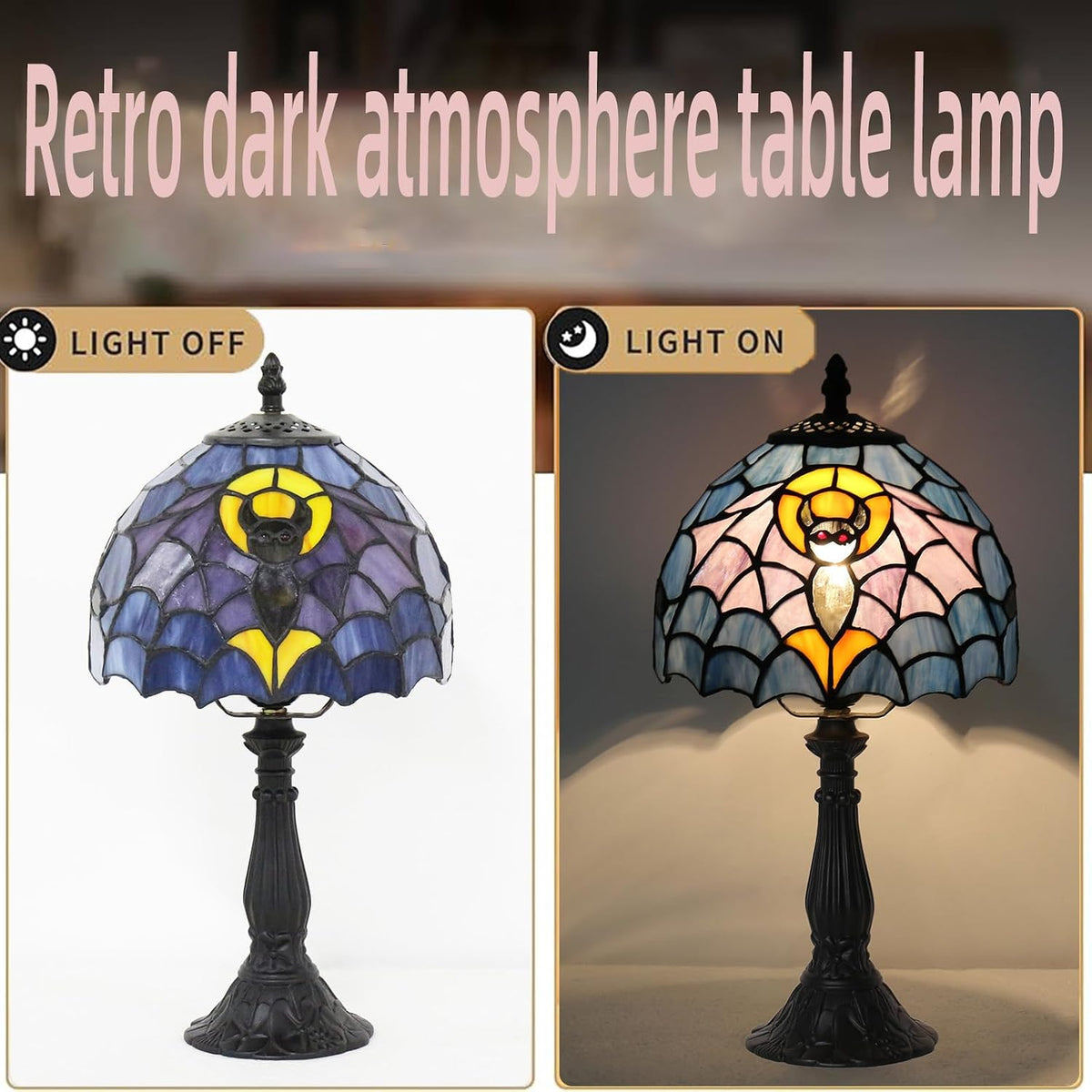 Tiffany Table Lamp,Stained Glass Bat Desk Lamp(8x8x15inch)