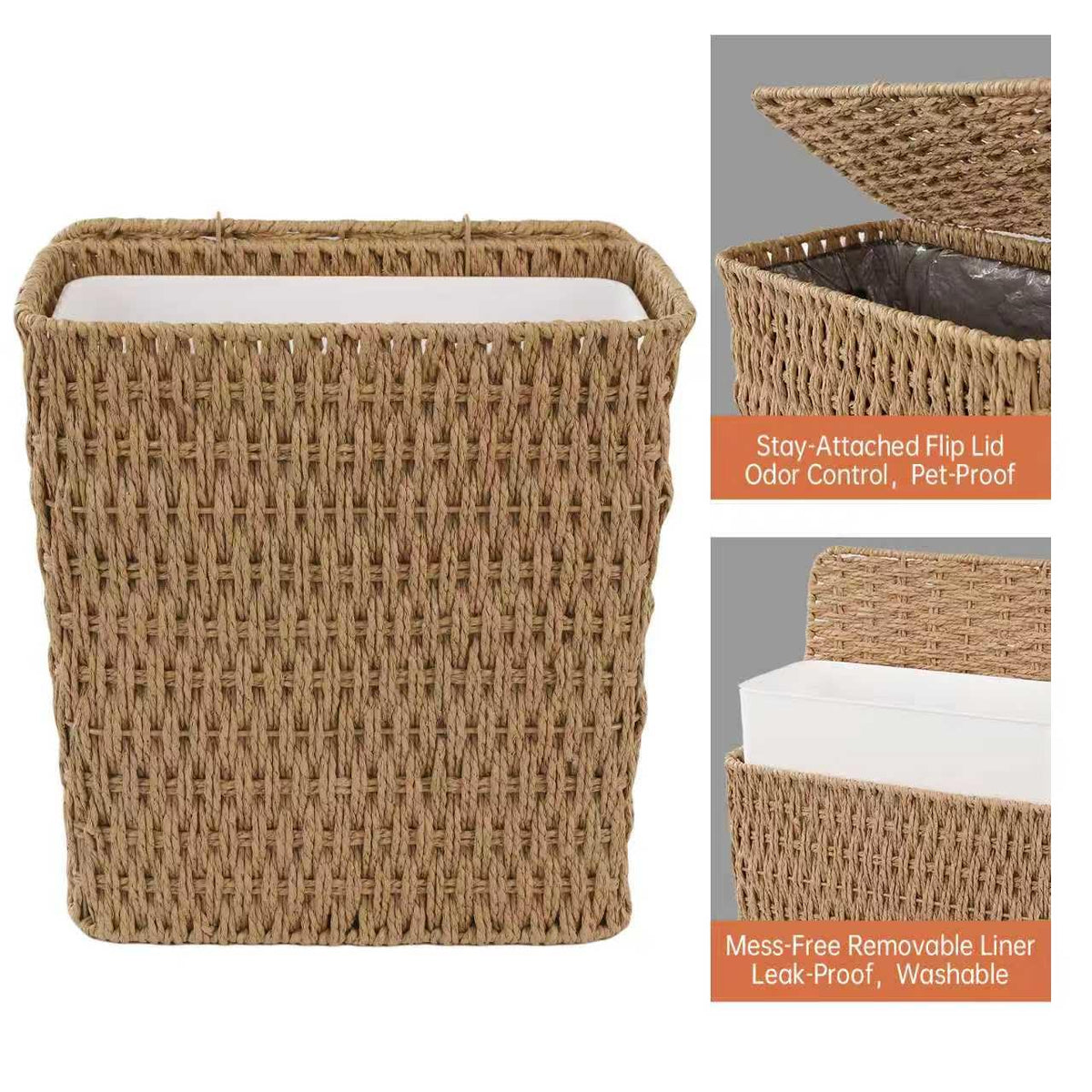 Coeusy 3 Gallon Paper Rope Bathroom Trash Can,Small Wicker Trash Cans with Lid and Liner,Woven Rattan Narrow Waste Basket for Bedroom,Office,Natural