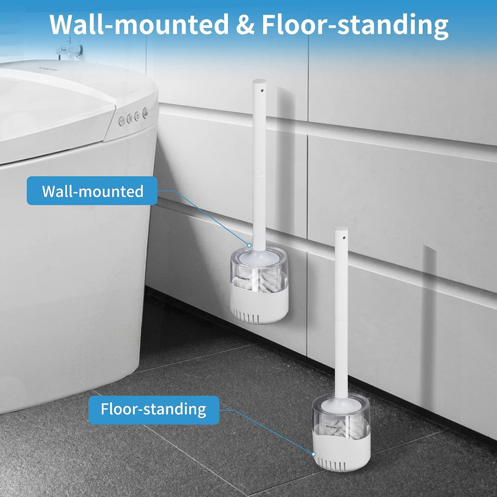 BOOMJOY Toilet Bowl Brush and Holder - Durable Head Toilet Cleaner Brush with Dense Bristles & Clear Base for Bathroom Deep Cleaning - Household Cleaning Accessories - White