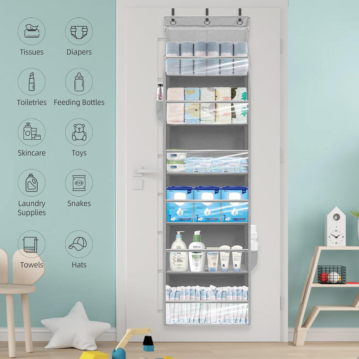 Over Door Organizer with 6 Extra Large Pockets and 12 Side Pockets, Large Capacity Hanging Storage Organizer with Clear Window for Shoes, Diapers, Grey, 6 Layers, 2-Pack