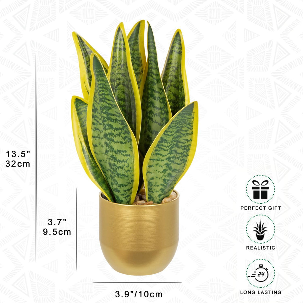 Hollyone Artificial Snake Plant Potted Faux Sansevieria Trifasciata Plants, 13" Tropical Fake Snake Plants in Gold Stainless Steel Metal Pots for Home Office Room Indoor Decor Housewarming Gifts