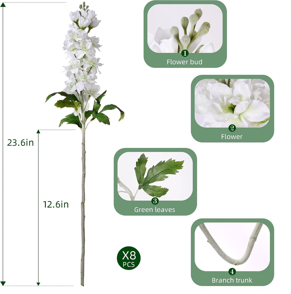 Fake Flowers 23.6” Delphinium Artificial Flowers 8Pcs Silk Flowers with Stems Long Stem Artificial Flowers for Tall Vase Faux Flowers for Indoor Home Decoration Wedding Decoration Centerpiece White