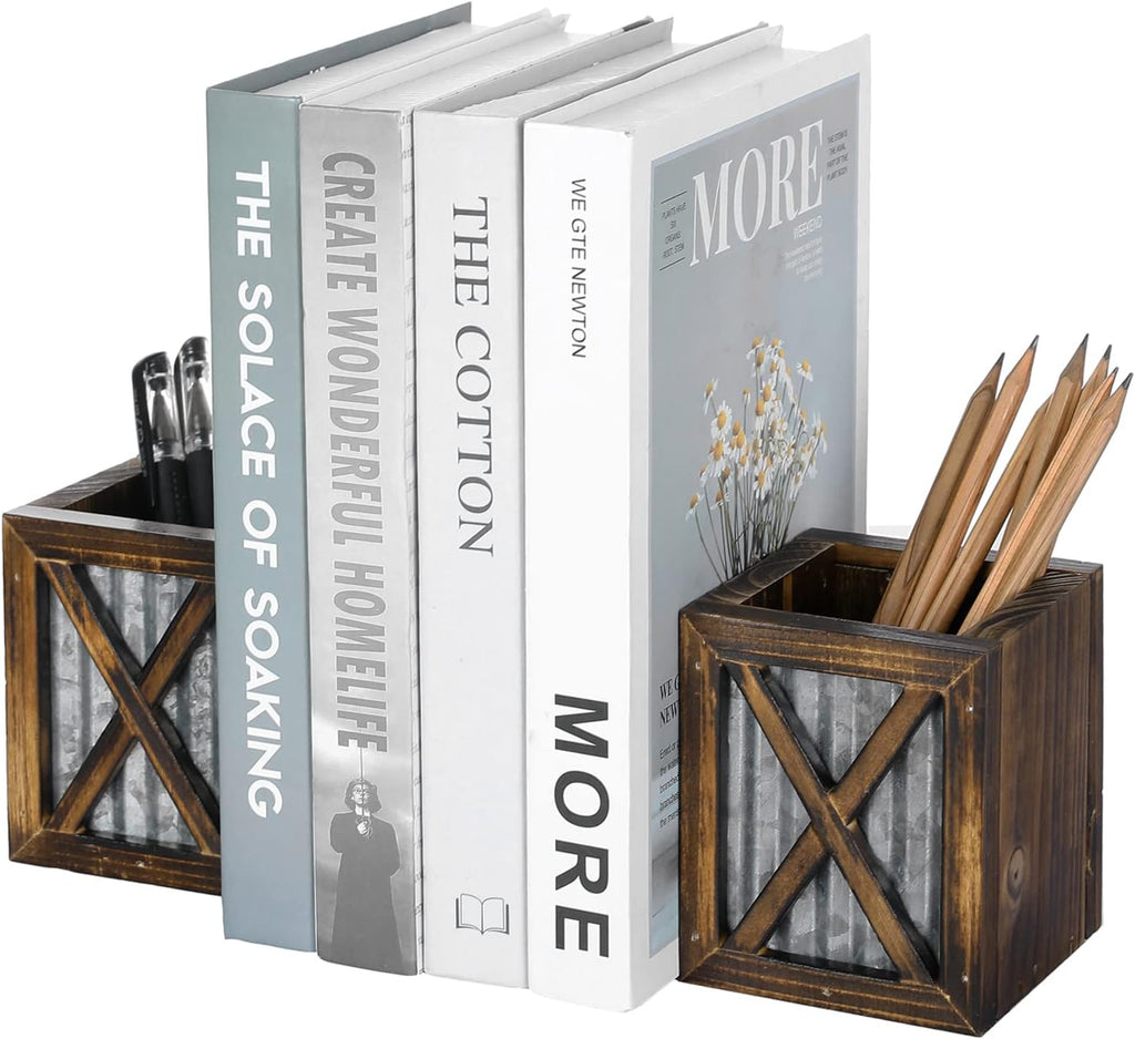 MyGift Rustic Bookends with Pen Holder, Wood & Metal Desk Organizer