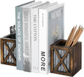 MyGift Rustic Bookends with Pen Holder, Wood & Metal Desk Organizer