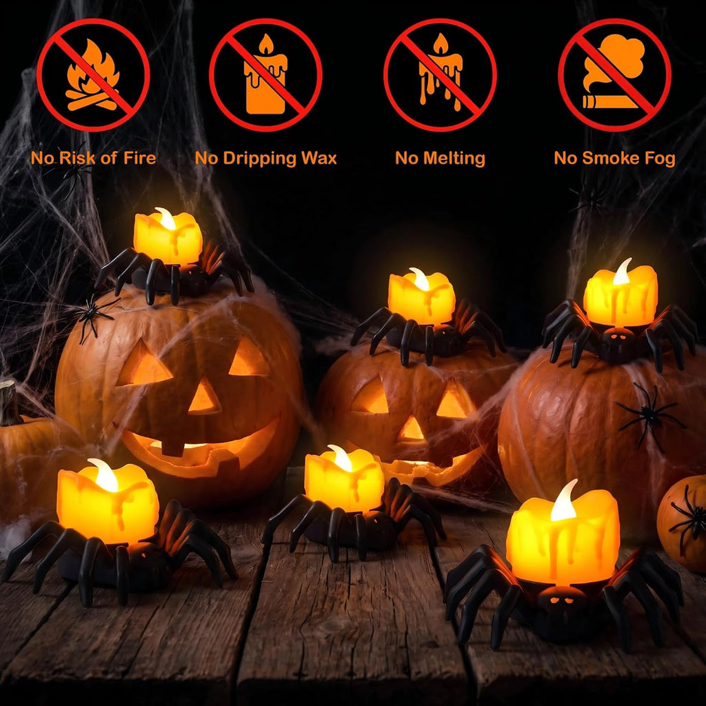 6 Pcs Halloween Spider Tea Lights Candles, Battery Operated Orange LED Flameless Spider Candles Holder Lights, Bright Spooky Halloween Decorations for Party Table Home Decor