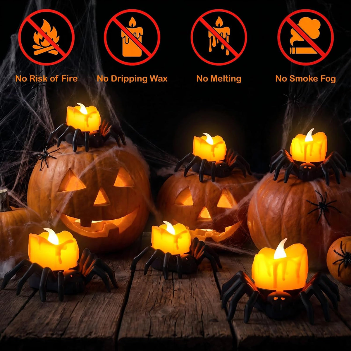 6 Pcs Halloween Spider Tea Lights Candles, Battery Operated Orange LED Flameless Spider Candles Holder Lights, Bright Spooky Halloween Decorations for Party Table Home Decor