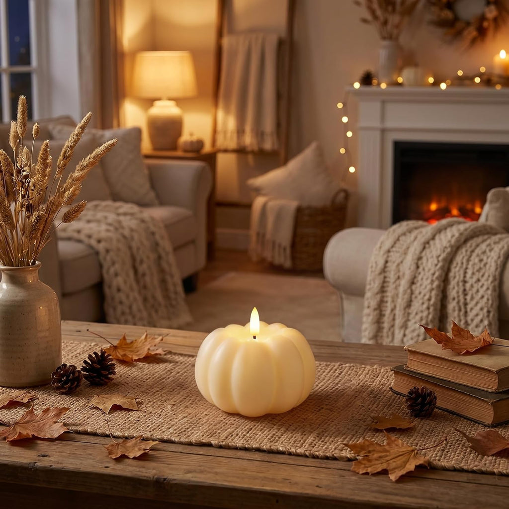 Fall Decor, Fall Decorations for Home, Flameless Pumpkin Candle, White, 1Pc