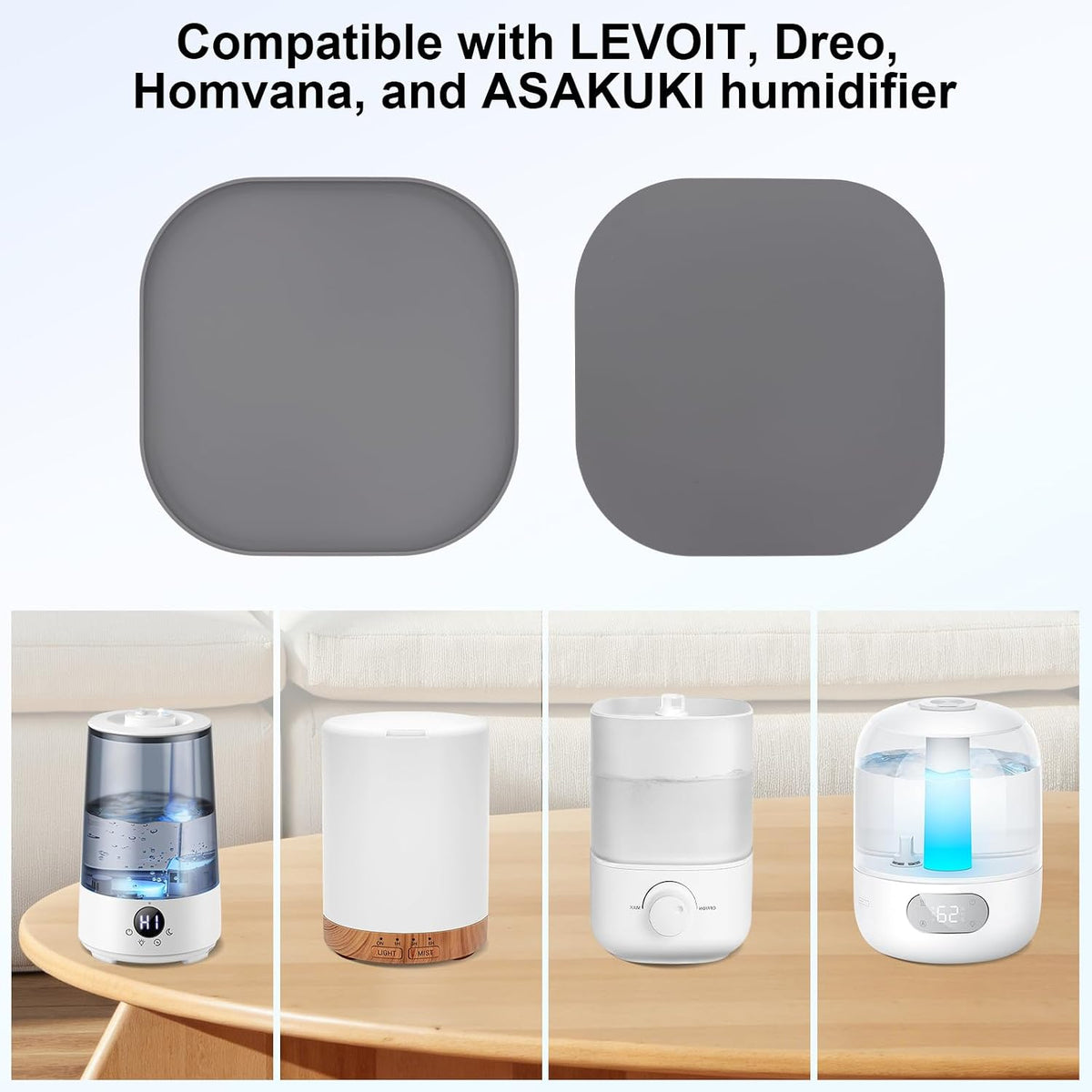 Silicone Humidifiers Drip Tray for LEVOIT, Dreo, ASAKUKI, Homvana Humidifiers, 10''x10'' Non-Slip & Leak-Proof Silicone Mat, Prevent Water Leakage and Protect Floor Surface (Grey)