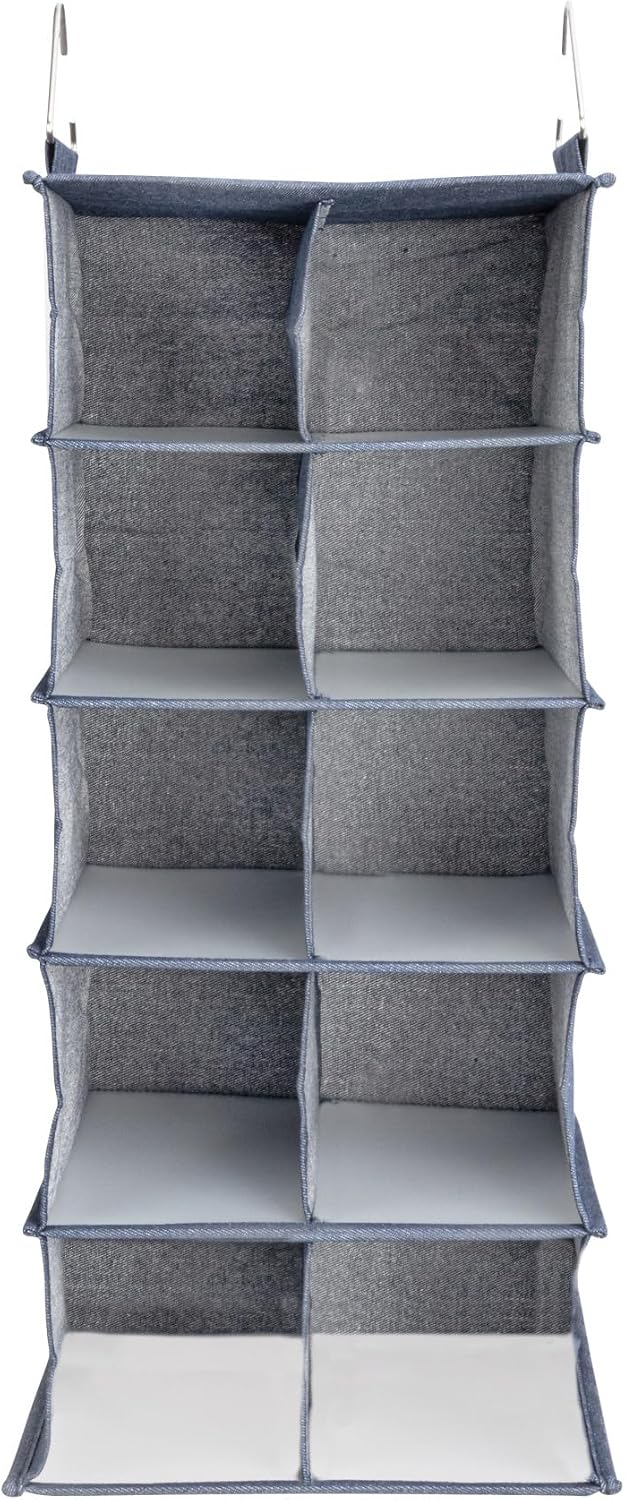Household Essentials Hanging Cotton Blend and Plastic Closet Shoe Organizer with 10 Storage Compartments, Denim