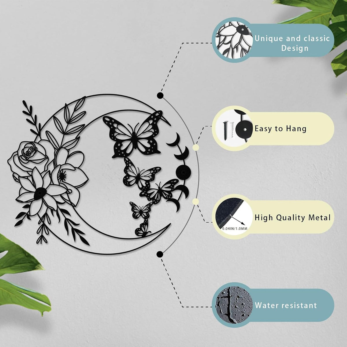 ruelen Moon Butterfly Metal Wall Decor Boho Wall Art Floral Wall Hanging