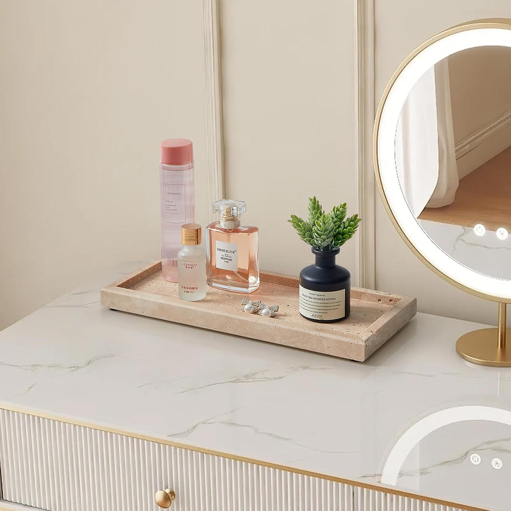 Natural Travertine Vanity Tray, Stone Organizer for Bathroom & Kitchen