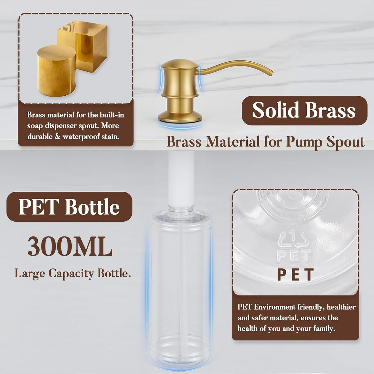 Built in Soap Dispenser for Kitchen Sink Countertop, Brass, Gold