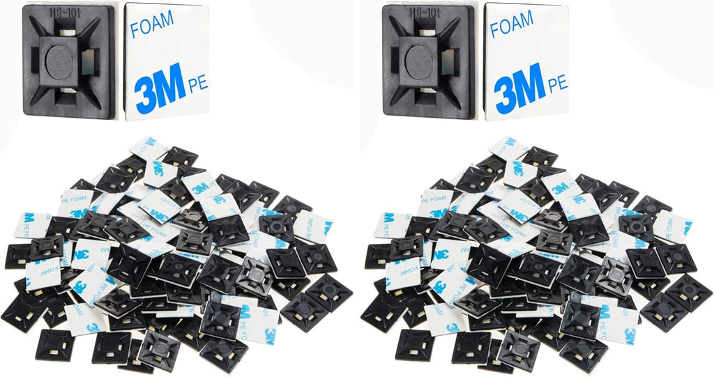 XHF 100 PCS 1.1" Black Self Adhesive Cable Zip Tie Mounts Wire Cable Clips Holders Management Anchors Organizer Holders Squares(HS-102) (Pack of 2)