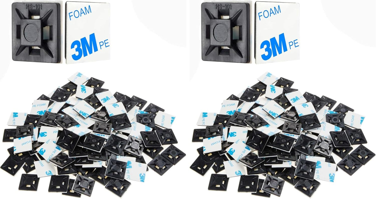 XHF 100 PCS 1.1" Black Self Adhesive Cable Zip Tie Mounts Wire Cable Clips Holders Management Anchors Organizer Holders Squares(HS-102) (Pack of 2)