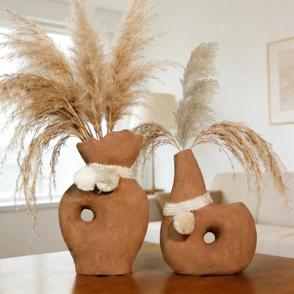 2 Pack Small Donut Vase, Gray Terracotta with Hollow Center