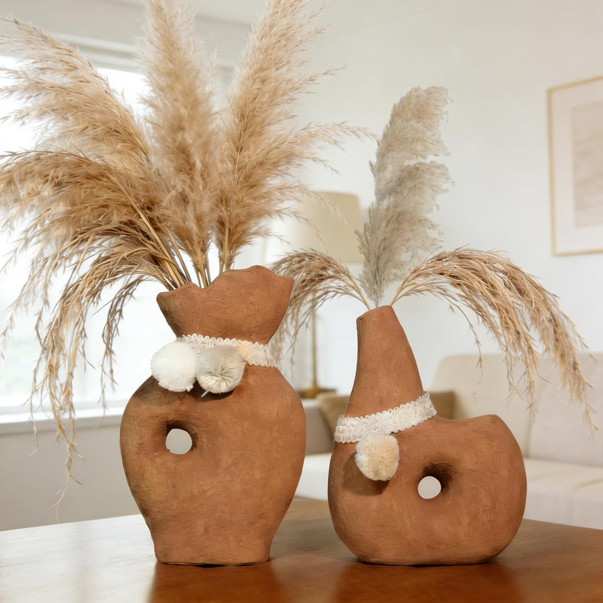 2 Pack Small Donut Vase, Gray Terracotta with Hollow Center